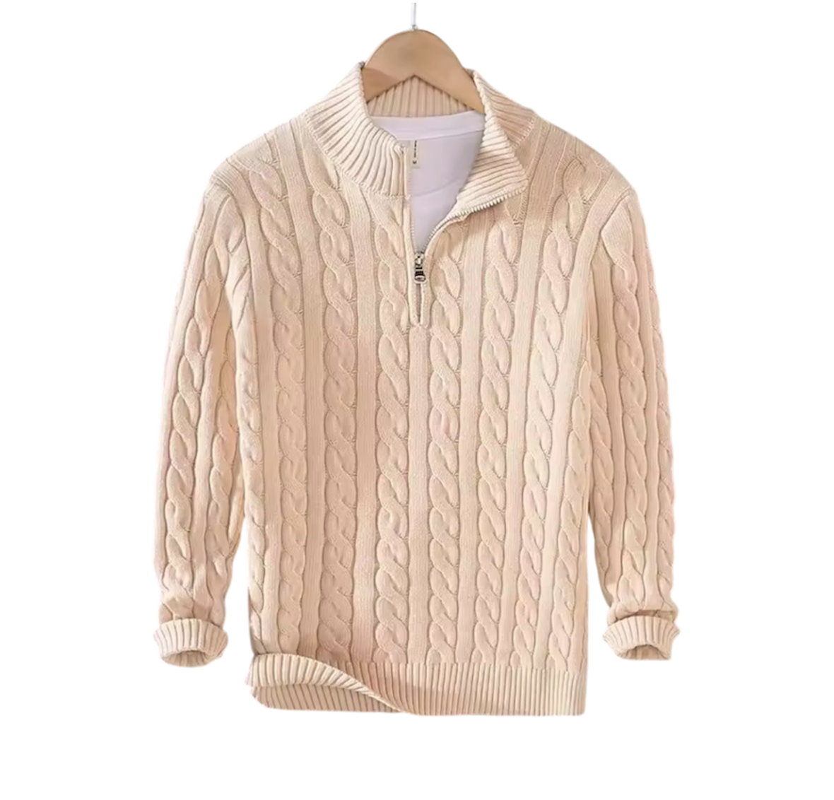 Beige Half-Zip Cable Knit Sweater