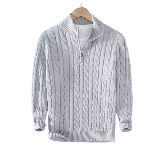 Grey Half-Zip Cable Knit Sweater