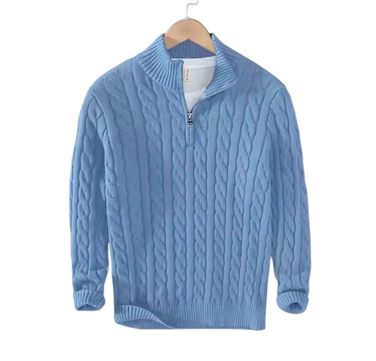 Light Blue Half-Zip Cable Knit Sweater