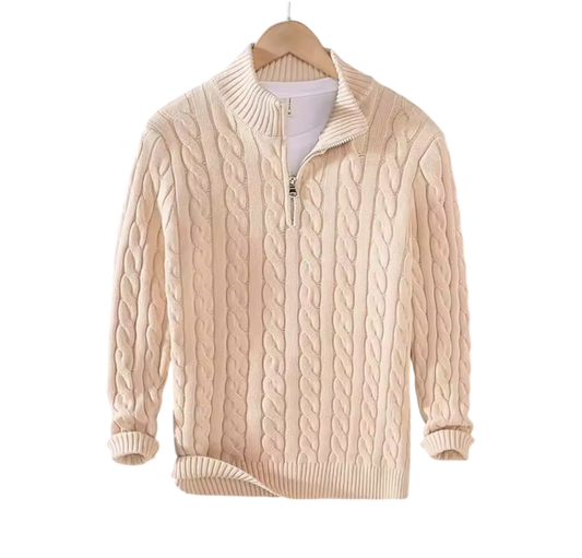 Beige Half-Zip Cable Knit Sweater