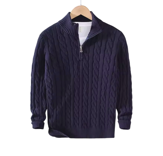 Navy Half-Zip Cable Knit Sweater